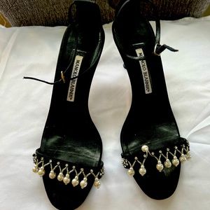 Manolo Blahnik Crystal and Pearl Open Toe Sandals